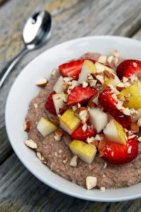 Cinnamon Cauliflower Oatmeal with Almond Butter, Strawberries and Pears