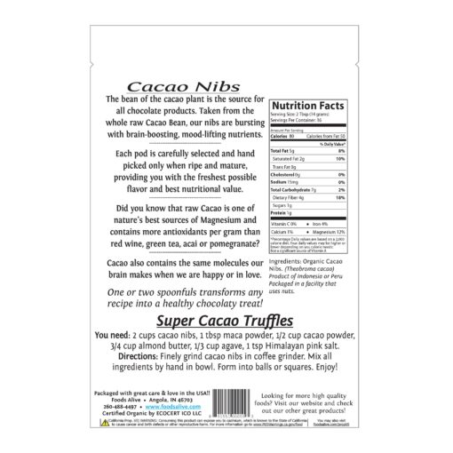Foods Alive Cacao Nibs Nutrition Facts