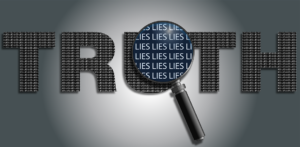 the word truth with a magnifying glass in front showing the word "lies"