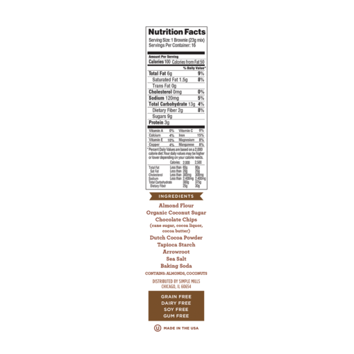 Simple Mills Almond Flour Brownie Mix - Side of Package with Nutrition Facts